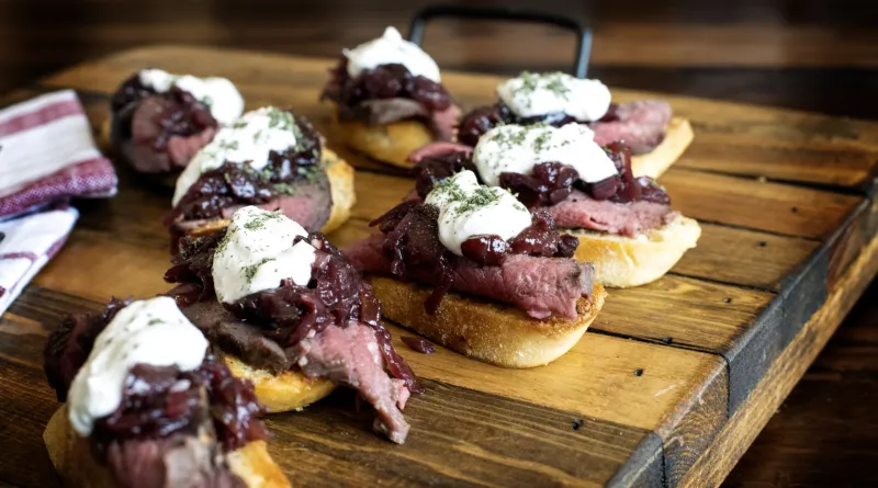 Venison cherry onion jam crostini