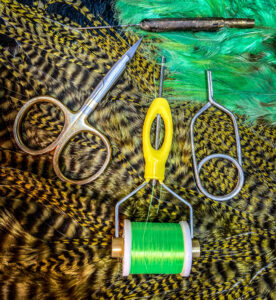 Basic tying tools. hand tied fishing flies