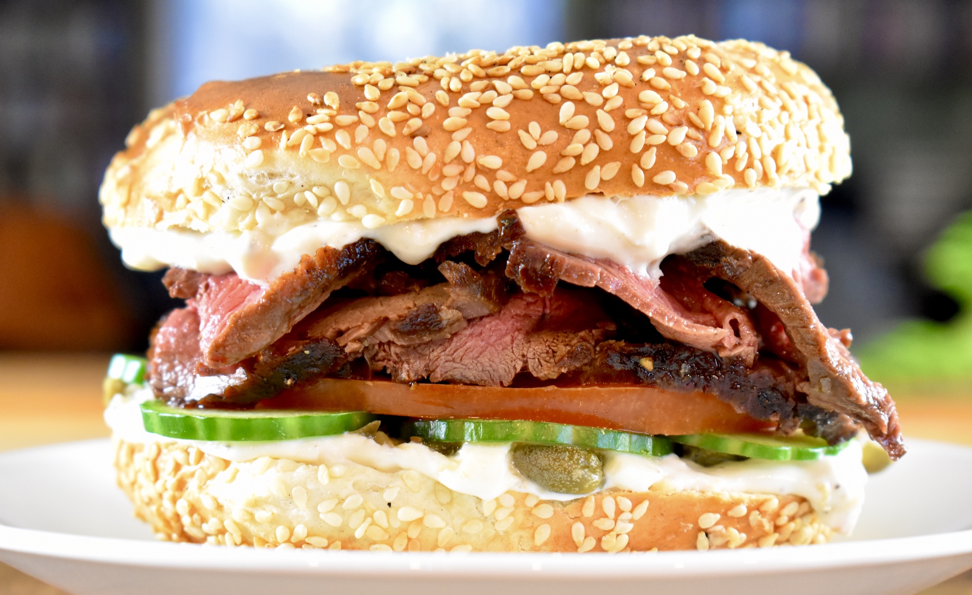 Venison bagel with horseradish cream cheese